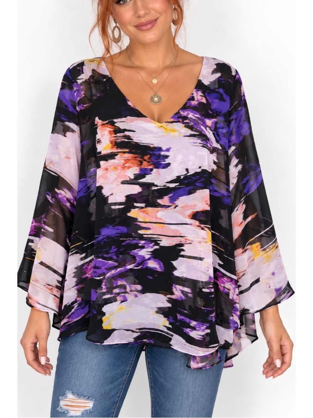 Jennifer Lopez Abstract Purple & Black V-Neck Blouse – Size Small